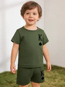 Boys Letter Pattern Printed Round Neck Short Sleeve Set, Graphic Print Set, Casual Daily Wear, Comfortable Fit, Perfect for Playing and School