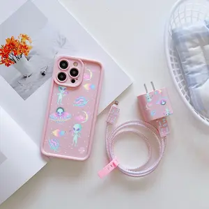 6-Piece Set Alien Pattern Phone Case + Charger Head Cover + Cable Protector + Storage Rope + Data Line Protection Apple iPhone Cases