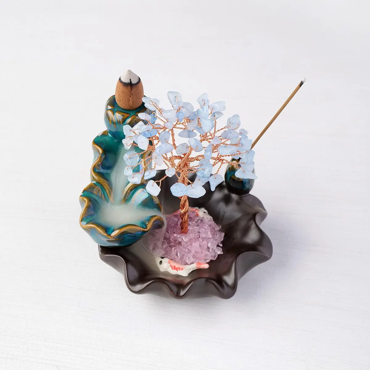 Natural Crystal Tree Design Ornament, Crystal Decorative Ornaments, Energy Stone Aromatherapy Tree, Copper Wire Wrapped Colorful Teabowl Yoga Feng Shui Trees, Home Decor