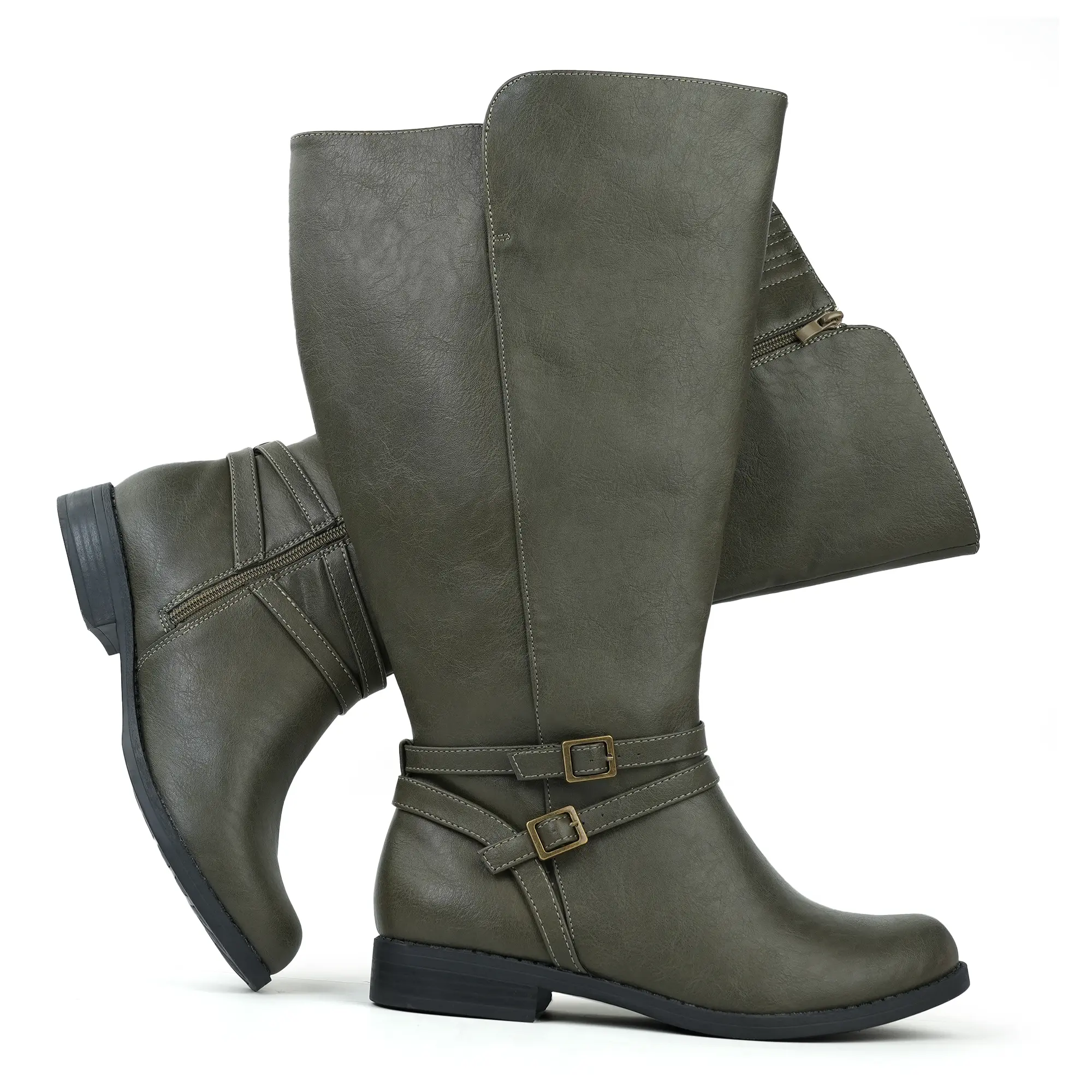Women's Knee-High Riding Boots - Super Extra Wide Calf, Olive Green Leather-Style, Cuban Heel, Side Zipper, Double Buckle, Rubber Sole, Black, Round Toe