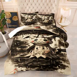 Dark Aesthetic Pikachu Quilted Comforter Set, Includes One Quilt Core and 1/2 Pillowcases, Anime Horror Art Style Comforter, Gothic Bedroom Bedding, Medium Thickness, All Seasons Use