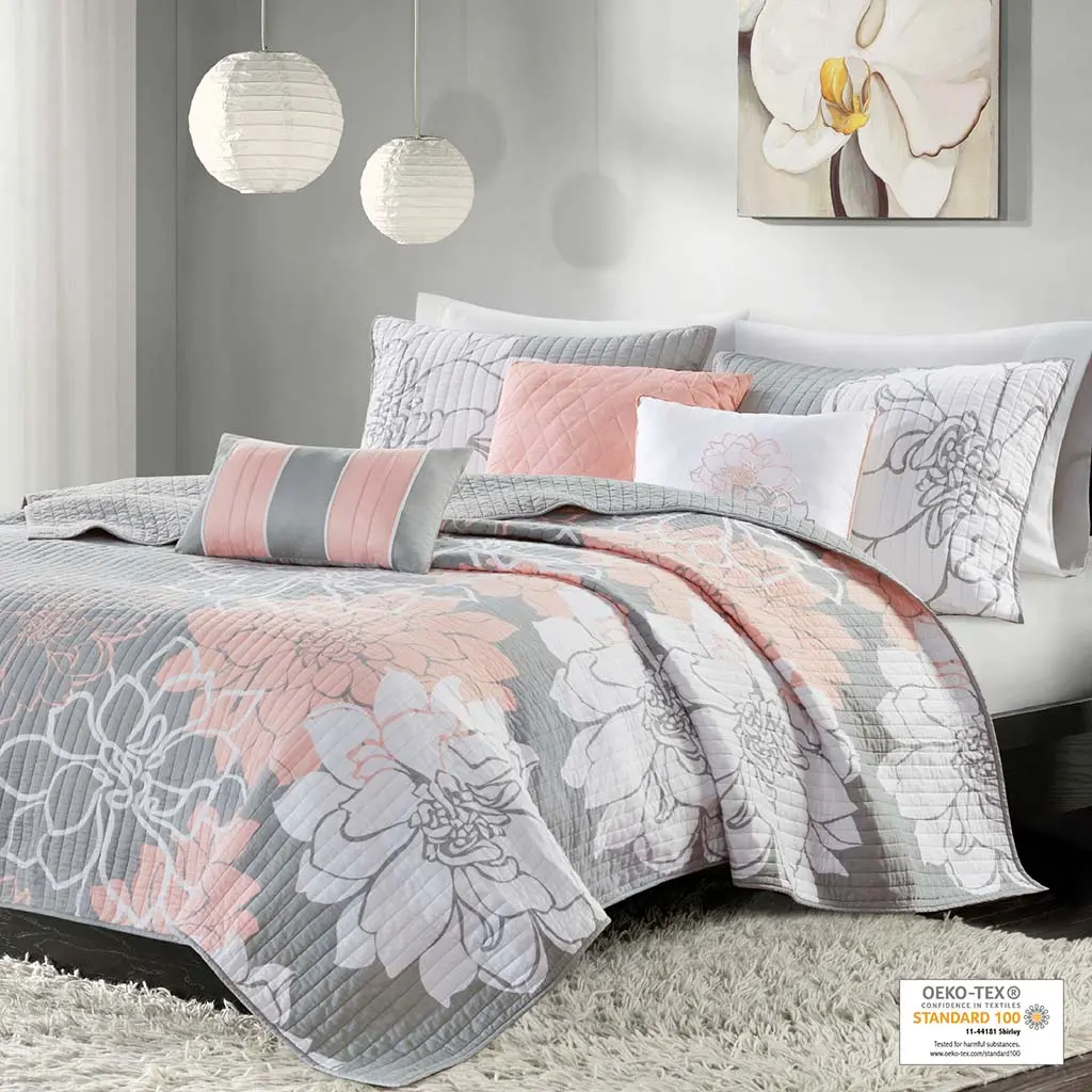 Decorative Bedding Set - 6-Piece Soft Reversible Floral & Stripe Printed Cotton Quilt Set with Throw Pillows, OEKO-TEX Safe, for Bedroom Decor