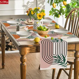 Abstract Art Table Runner & Placemats Bohemian Design Sun Arch Green Leaves Orange Accents Modern Minimalist Home Decor for Parties Birthdays Weddings