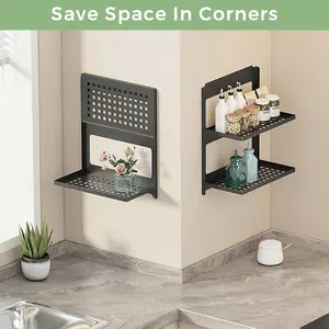 2-Tier Folding Metal Shelf Wall Mounted, Small Foldable Wall Shelf, Drop Down, Combined Stackable, Small Combined Floating Shelf, Corner Wall Shelf