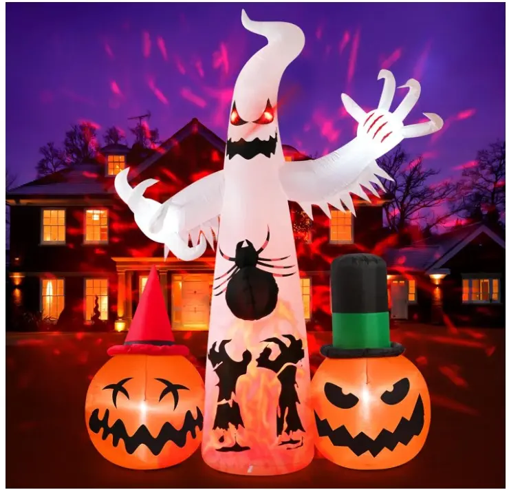 8FT Halloween Inflatables Decorations Outdoor, Ghost Pumpkin Blow Up Decorations with Built-in Flame Flashing Projection Light for Holiday Outdoor Yard Lawn Garden Party