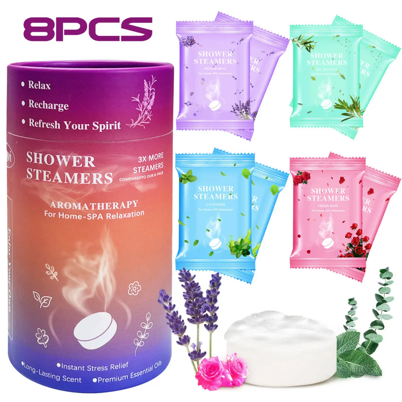Non-Toxic Relaxing Aromatherapy Shower Steamers - 8 Pcs Natural Essential Oil Bath & Body Care, 24 Months Shelf Life, for Adults' Stress Relief, Women's Birthday Gifts, Mother's Day Presents, Home SPA Self Care Items