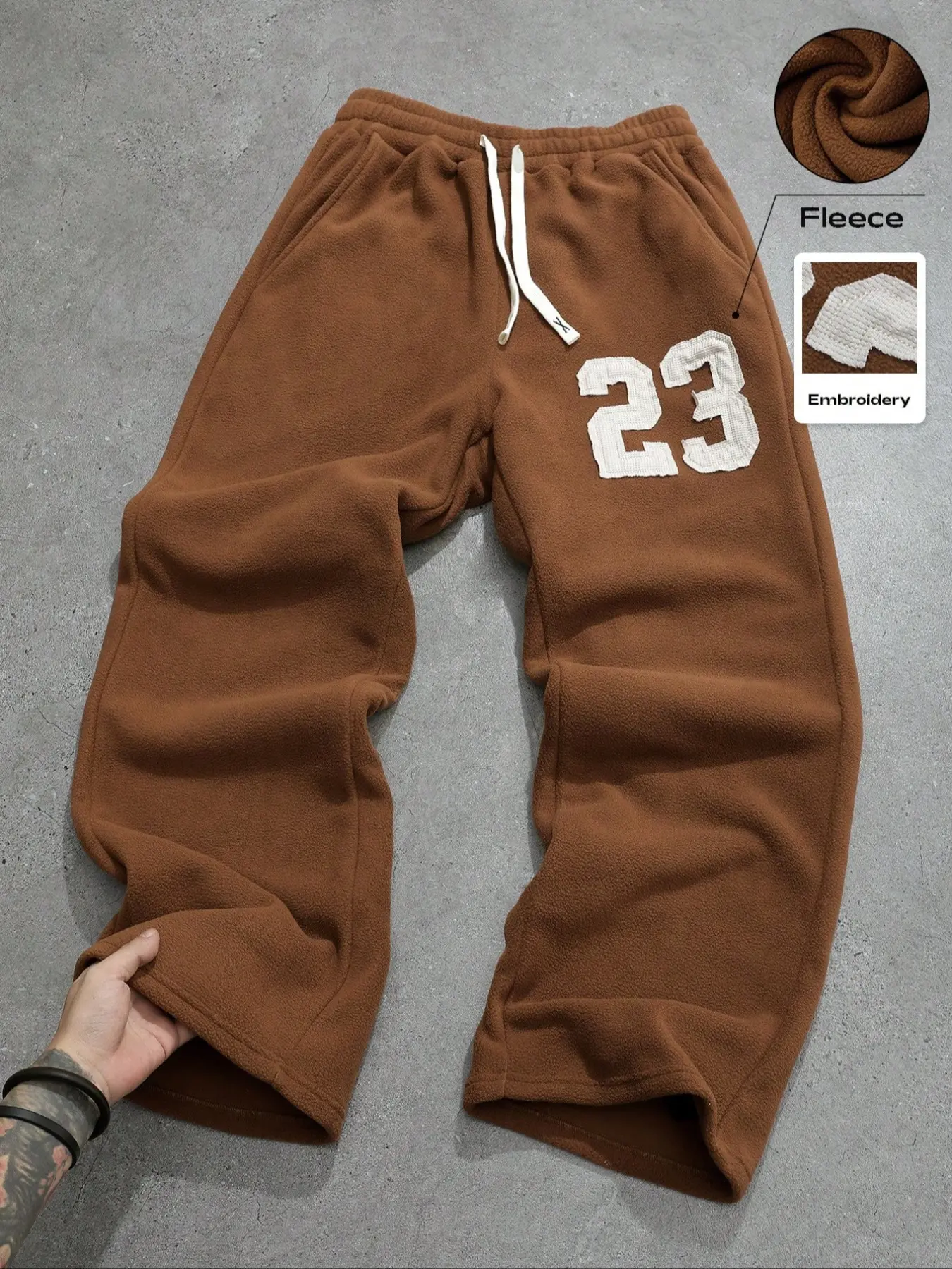Cozy Brown Fleece Joggers with Bold White #23 Embroidery – Soft, Oversized Streetwear for Casual Fits! Perfect for #OOTD Flexing, Winter Warmth & Retro Sports Vibes. Trendy, Comfy, and Ready to Elevate Your #Streetwear Wardrobe. Grab These Viral-Ready Pan
