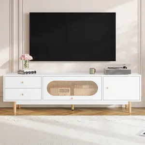 70 Inch TV Stand for TVs up to 80 Inches – Minimalist Media Console with Rattan Doors, 2 Drawers & Hidden Storage, White Entertainment Center for Living Room