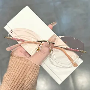 A Pair of Stylish Frameless Reading Glasses, Blush Lenses, Blue Light Blocking Reading Glasses, Computer Reading Glasses Embellished with Rhinestones