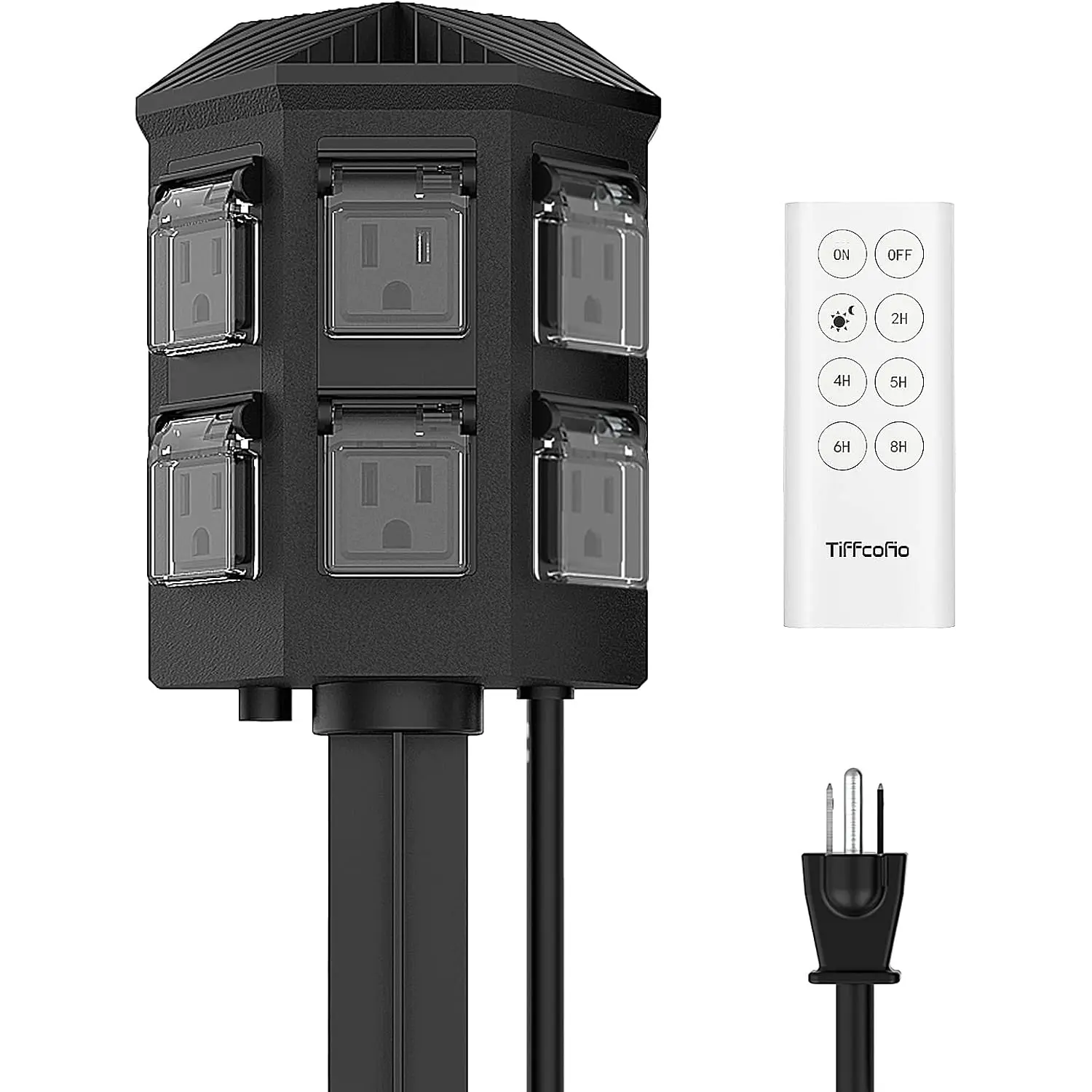TiFFCOFiO Outdoor Power Stake Timer, 100FT Remote Control, Dusk to Dawn Christmas Light Timer, 6FT Extension Cord Waterproof, 6 Grounded Outlets for Outdoor Christmas Decorations, ETL Listed