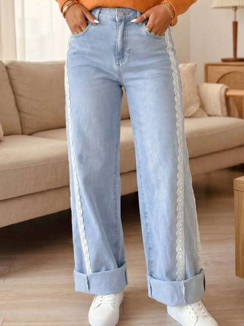 Women’s Lace Trim Full Length Denim Jeans - Soft Fabric, Decorative Side Stripes, Rolled Cuffs, Regular Fit Casual Bottoms for Travel & Weekends, Elegance & Style Womenswear Trousers
