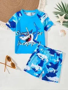 Boy's Cartoon Animal Print Short Sleeve Round Neck Rashguard & Elastic Waist Swim Shorts Set, Tight-fitting Casual Soft Comfortable  Breathable Swimwear Set for Beach Swimming, Kids Swimsuit for All Seasons, Swimsuits With Shorts