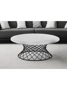 212 MAIN 36 in. Round Modern Accent Coffee Table - Genuine Stone Marble Top, Metal Frame, White & Black, Fully Assembled Indoor Furniture Table, Modern Accent Table