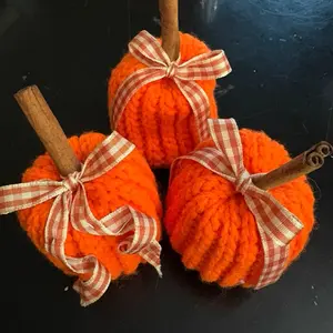 Poly Filled Homemade Crocheted Pumpkin with Cinnamon Stick & Ribbon - Orange Acrylic Yarn Decor for Autumnal Arrangements
