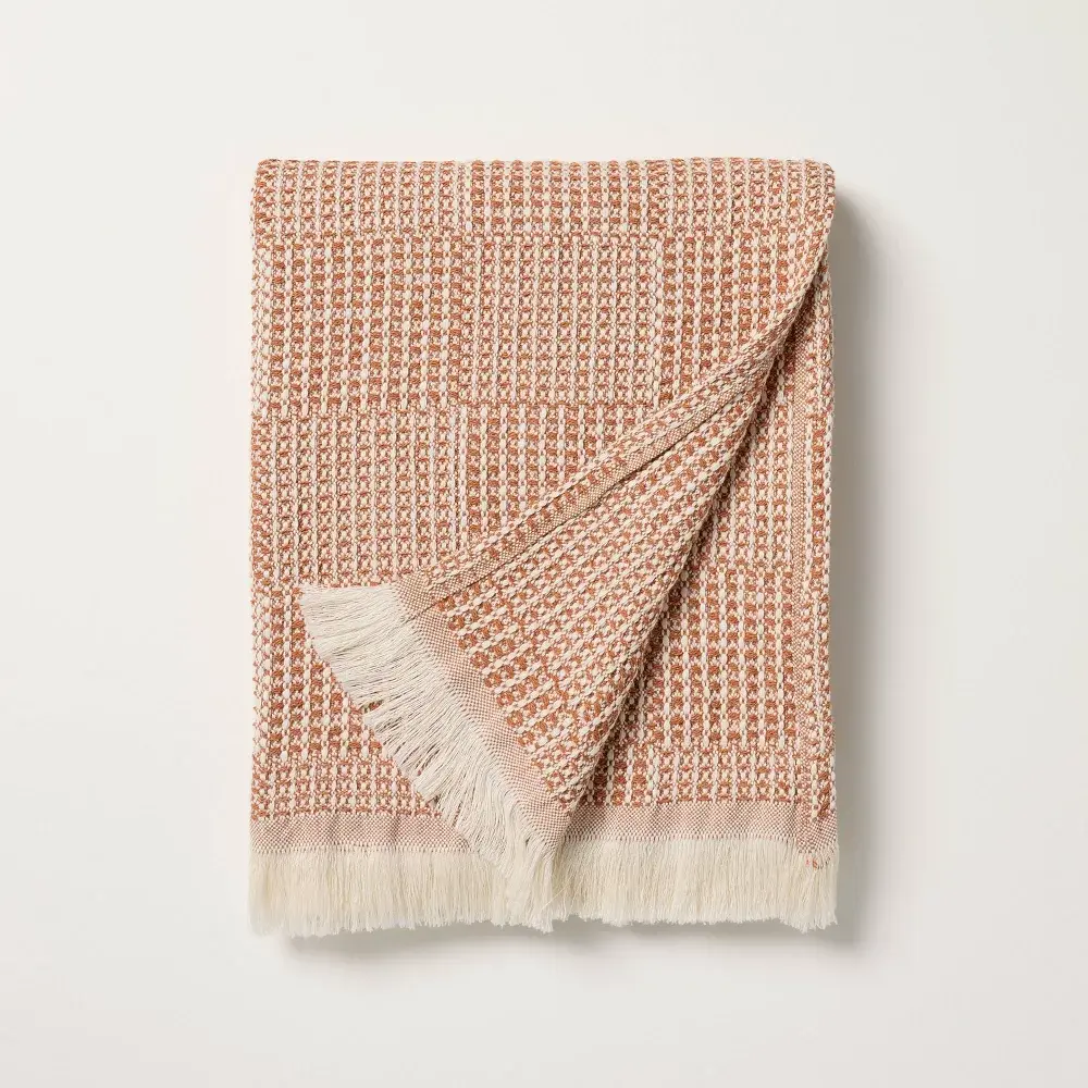 Checkered Knit Throw Blanket - Hearth & Hand with Magnolia, Linen Jacquard Fabric, 60in L x 50in W, Feel Cosy Home Décor Accent, 70% Cotton, 30% Linen