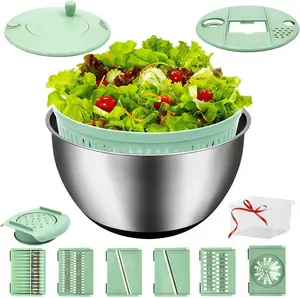 Ultimate 3-in-1 Salad Spinner & Mandoline Slicer, Large 5.3 Qt Stainless Steel Bowl, Vegetable Chopper, Grater & Strainer Set with Interchangeable Blades, Multipurpose Kitchen Gadgets