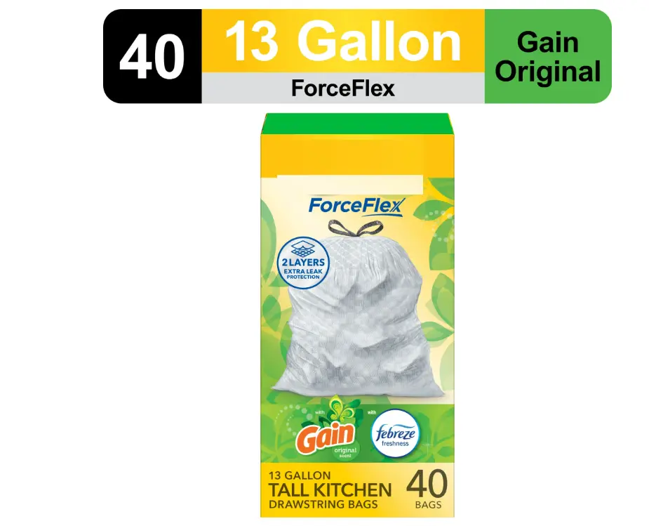 ForceFlex Tall Kitchen Drawstring Trash Bags, 13 Gallon, Gain Original with Febreze Freshness, 40 Count