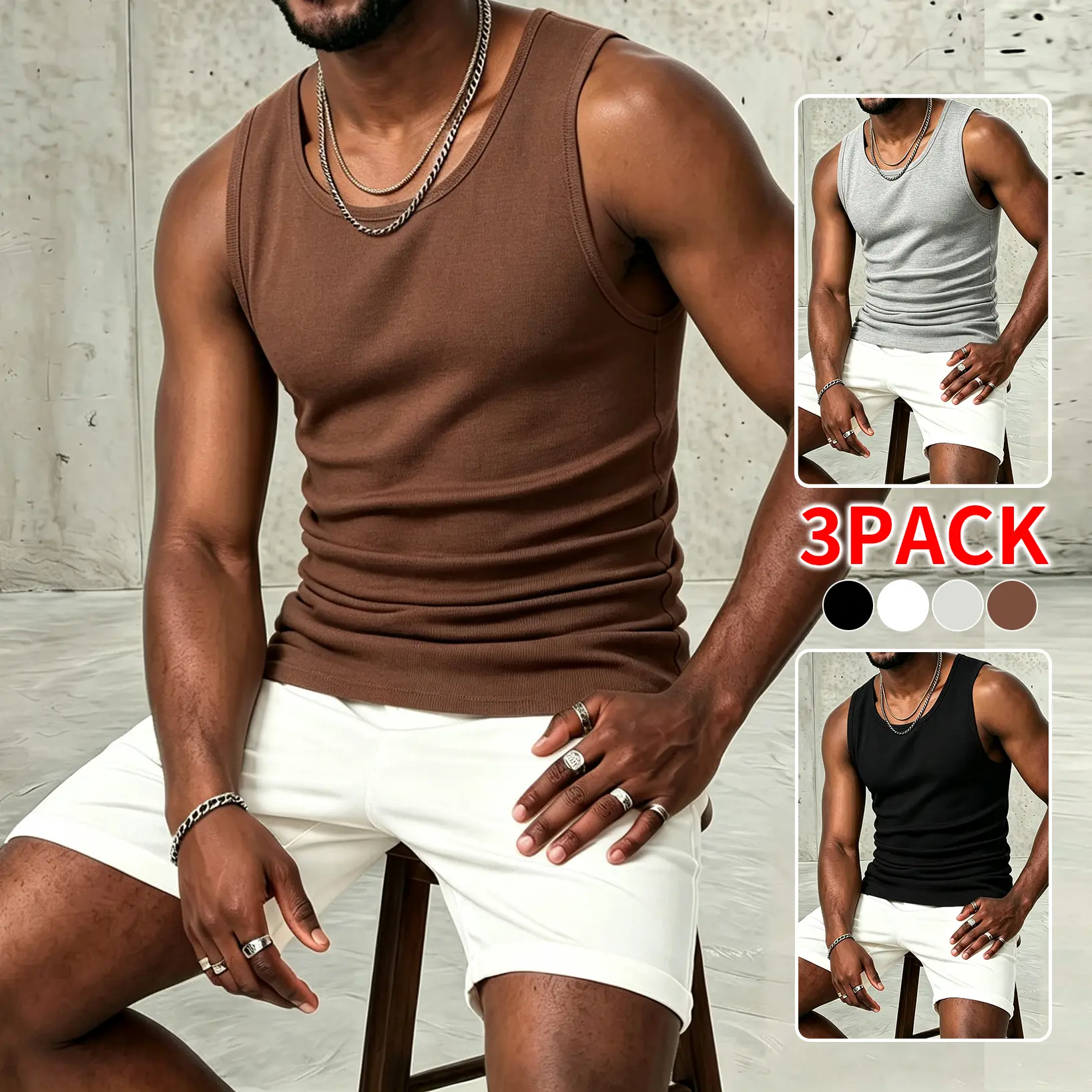 Men’s Ribbed Stretch Crew Neck Tank Tops (1-Pack/3-Pack), Menswear Plain Cotton Elastane Sleeveless Undershirts, High-Elasticity Breathable Quick-Dry Muscle-Fit Vests for Workouts & Daily Wear, All Season Minimalist American Street Style Layered Outfits,,