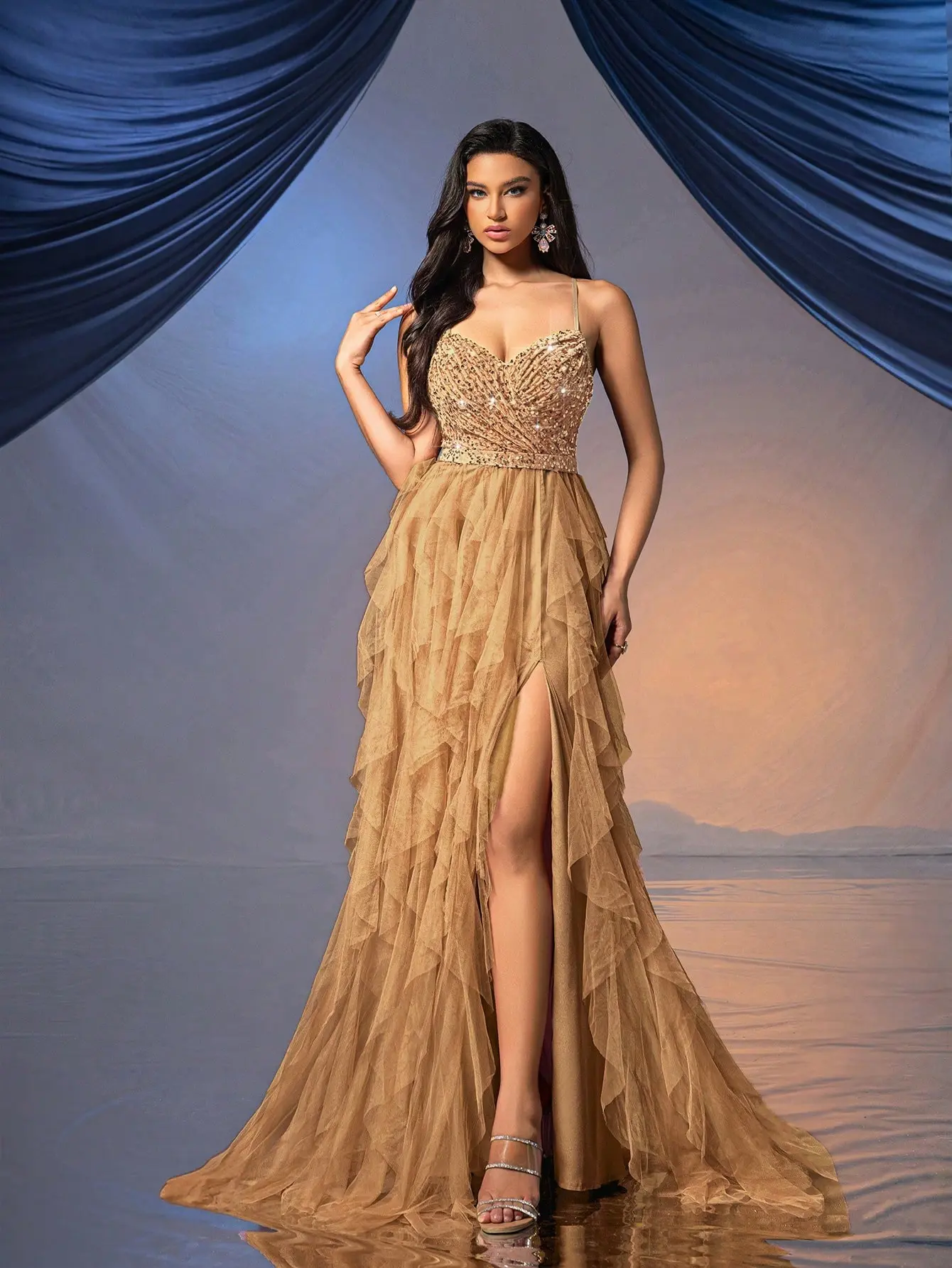 Women's Soft Fabric Apricot Spaghetti Strap Sweetheart Neck Evening Gown - Fairy-Style Backless Sequined Ruffled Tulle A-Line Long Dress with High Slit for Wedding, Formal Party Elegant Chic