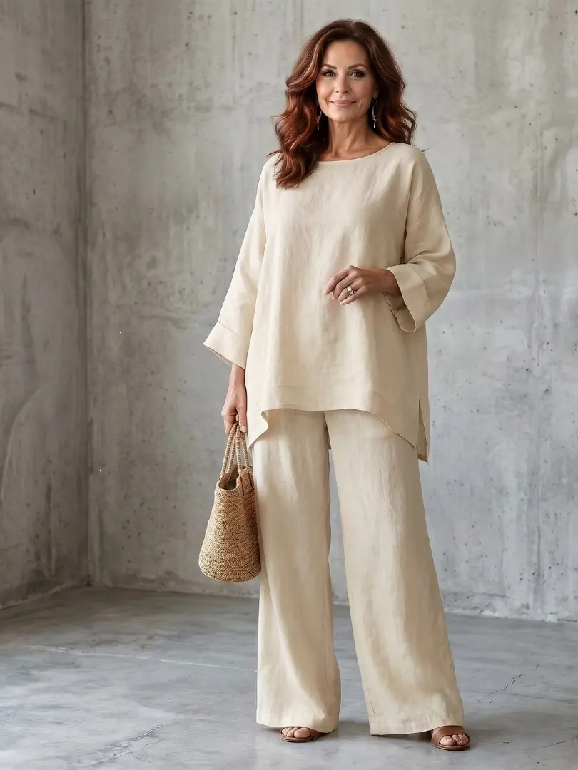 Women's Casual 2-Piece Set - Solid Loose Fit Summer Vacation Outfit with 3/4 Sleeve Crewneck Top & Straight Leg Pants, Women's Casual 2 Piece Sets