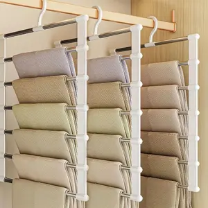 3 Pieces Set of Seven-Tier Space-Saving Foldable Stainless Steel Pants Organizing Rack, Rustproof Closet Organizer for Jeans and Trousers, Durable Multi-Layer Hooks with Smooth Surface Pants Hanger