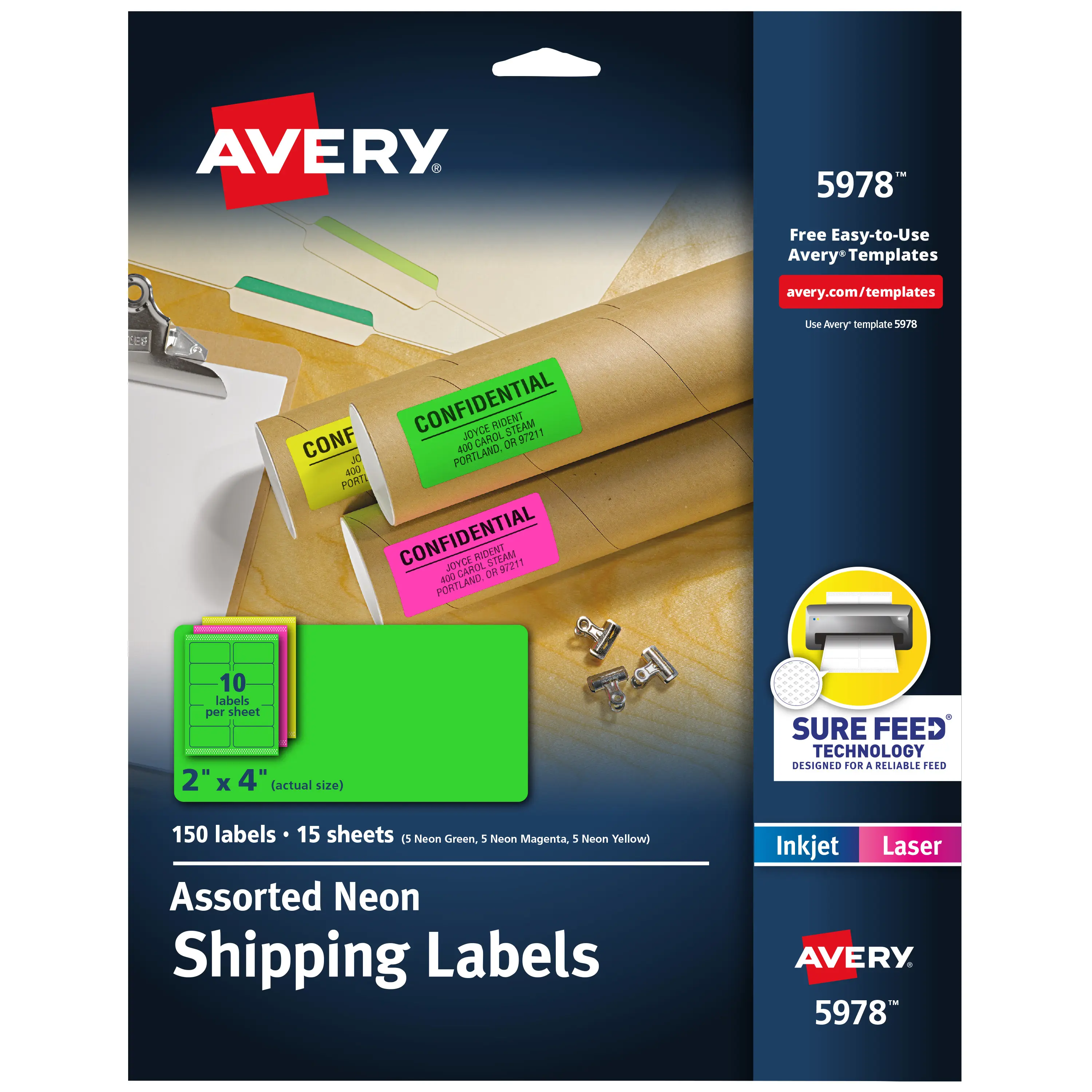 Avery Self-Adhesive Customizable Adhesive Shipping Labels with Sure Feed, 2"x4" Assorted Neon Colors (Magenta, Green, Yellow), Laser & Inkjet Compatible, 150 Blank Labels for Packaging (5978, 30 Sheets Total), Adhesive Labels, Customizable Labels