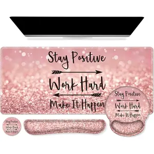 Large Pink 4in1 XXL Mouse Pad Desk Mat Set with Keyboard Wrist Rest Mouse Wrist Rest Coaster, Ergonomic Desk Pad for Home Office Computer Table - Pink Stay Positive