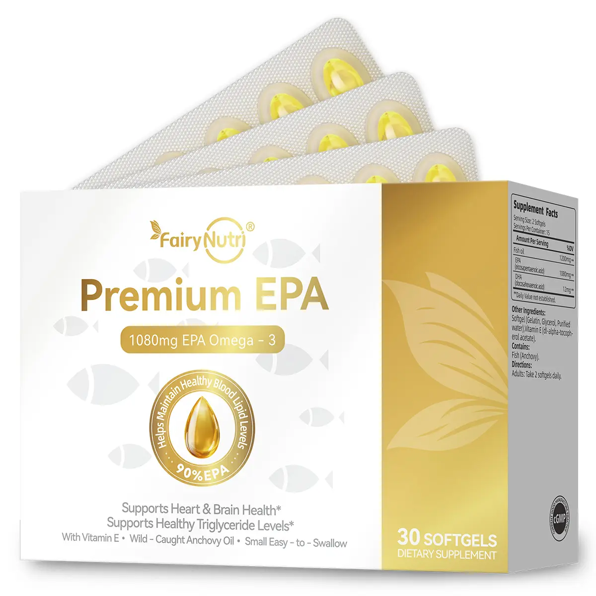 FairyNutri Premium EPA Fish oil 1080mg 90% high-purity EPA+DHA Omega-3 VE Triglyceride Helps Maintain Healthy Blood Lipid Levens 30 Softgels