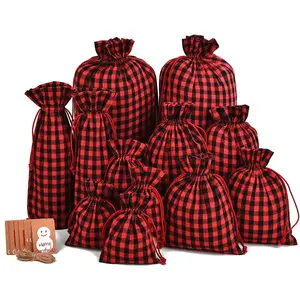 12 Pack Of Christmas  Bags With Drawstring  Designs For Christmas Party Supplies Favors (red and black, mixed size)