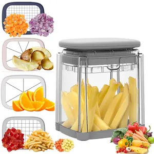 1 Count French Fry Cutter, 4 in 1 Vegetable Chopper, Vegetable Slicer Dicer, 4 Interchangeable Blades, Crystal-Clear Container with Non-Slip Base, Kitchen Tool, Makes French Fries and Chops Vegetables