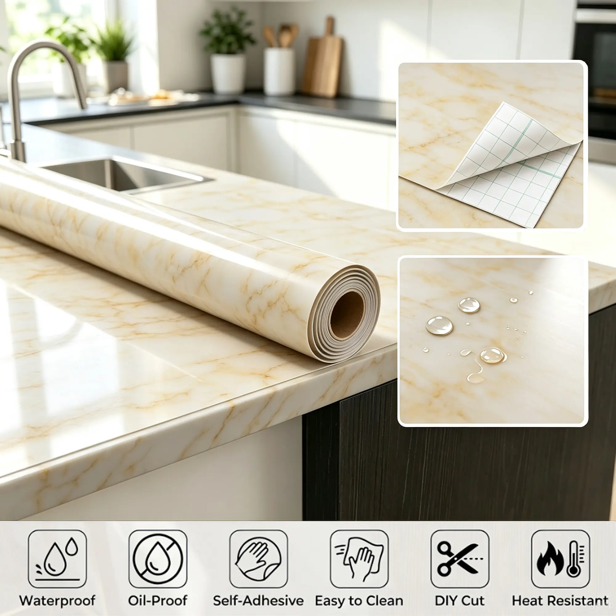 Peel and Stick Marble Contact Paper, White Gray Granite Self Adhesive Removable Wallpaper for Kitchen Countertops Cabinets Drawers Backsplash, Waterproof Vinyl Decorative Wall Roll