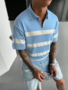 Men's Stylish Knitted Striped Quarter-Zip Polo - Stripe Short Sleeve for Trendy Summer Outfits