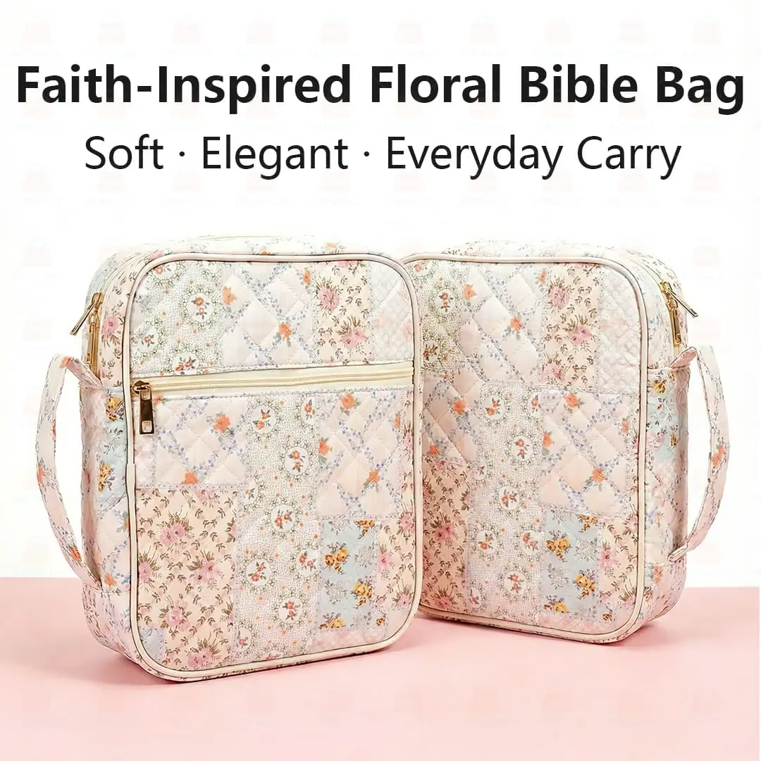 Floral Quilted Bible Bag for Women, Aesthetic Scripture Storage Tote with Smooth Zipper, Multi-Pocket Organiser for Church & Travel, Standard Fit, Study