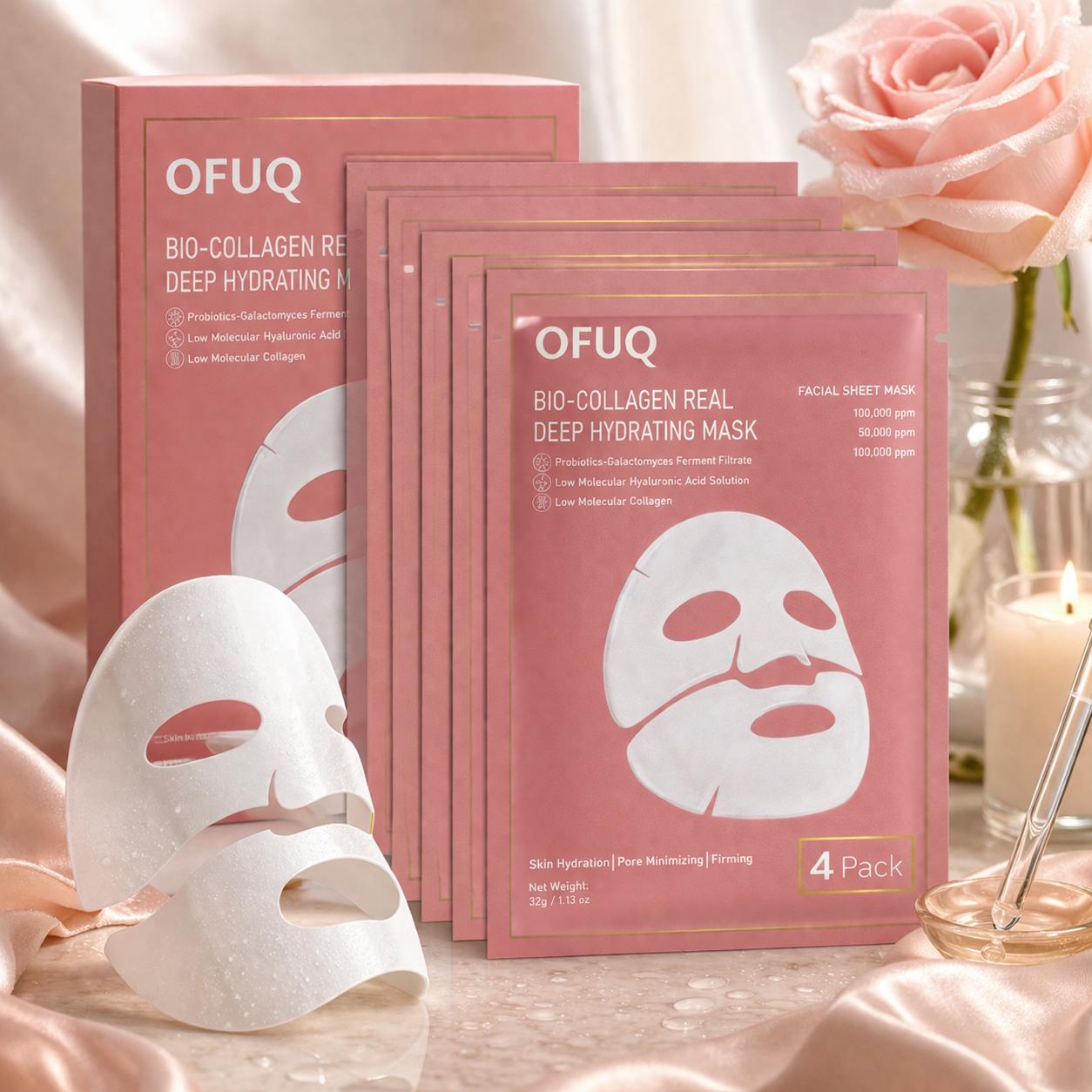OFUQ 4-Pack Bio-Collagen Real Deep Hydration Overnight 32-gr Face Mask Intensive Moisturizing & Firming Collagen Mask For All Skin Types Moisturizer