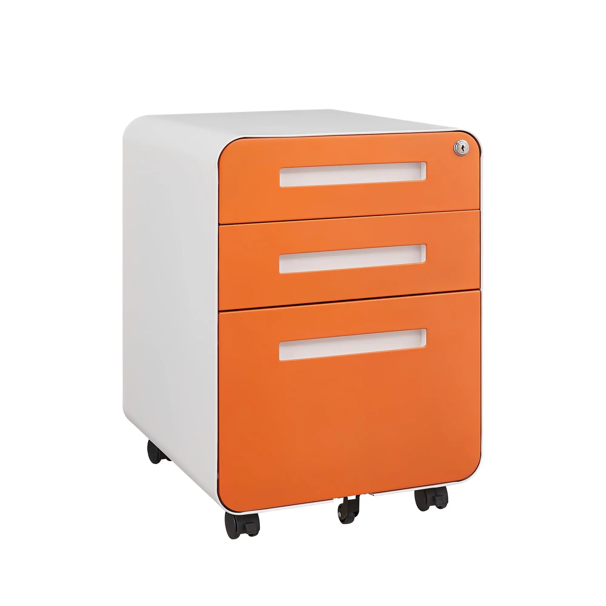 Orange Lockable 3-Drawer Mobile Metal File Cabinet, Pre-Assembled Under Desk Storage with 5 Wheels for A4/Letter/Legal Size Modern Home Office Furniture