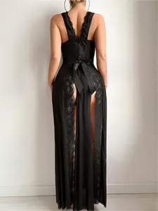 Sexy Women's Nightgown Set, Lace Trim Spliced Mesh Dress with Back Slit & Big Bow, 2-Piece Lingerie Outfit Matching Thong, Perfect for Private Party, Masquerade and Valentine's Day Gifts whimsy clothing pyjama set Nightwear