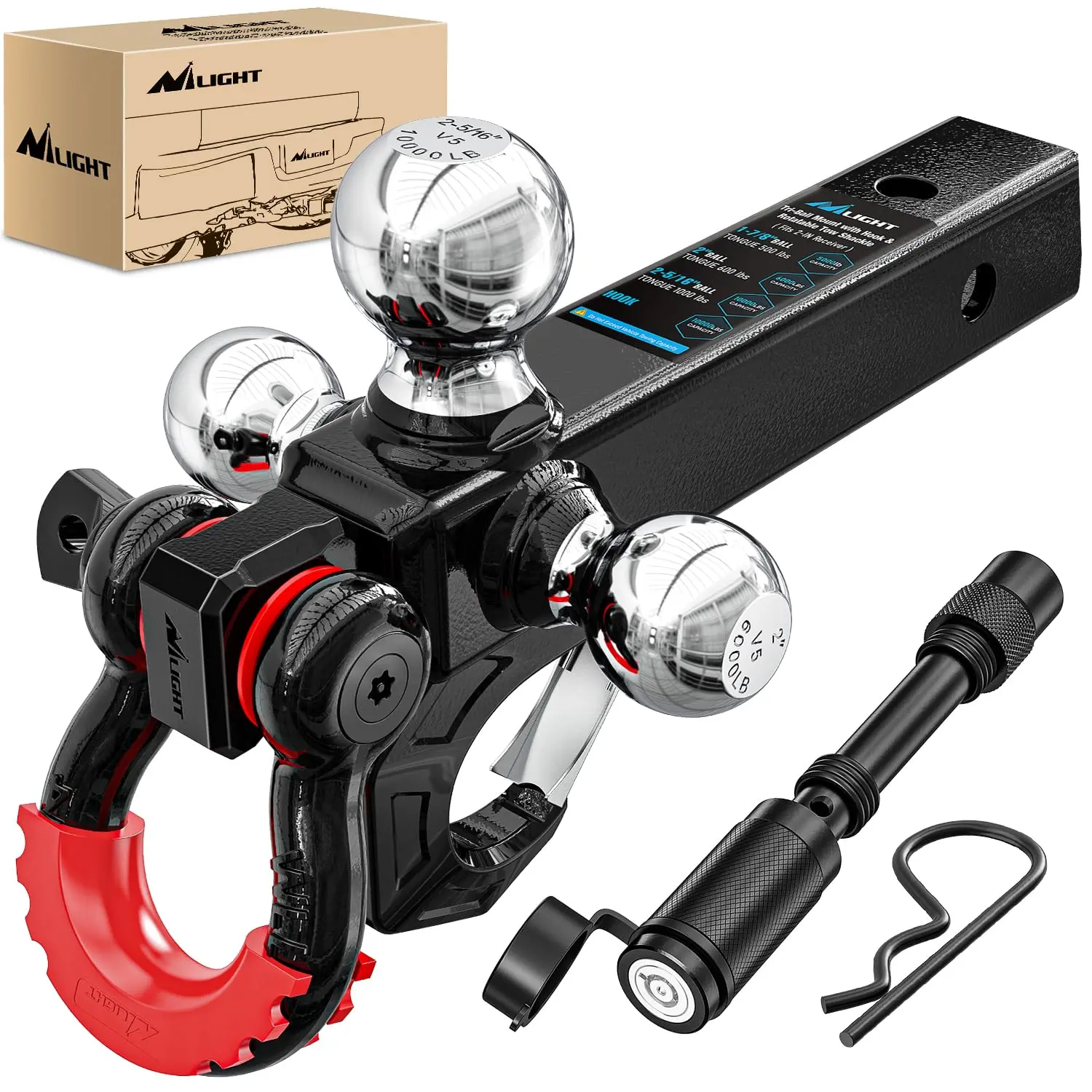 Nilight Trailer Hitch Tri-Ball Mount with Hook and Rotatable Tow Anti-Theft 3/4” Shackle Fits for 2inch Receiver Ball Size 1-7/8” 2” 2-5/16” GTW from 5000lbs to 10000lbs for RV SUV ATV Truck
