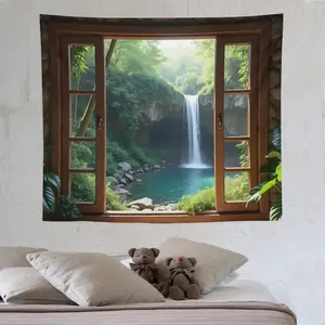 Peach Skin Tapestry Beautiful Mountains, Rivers, Waterfalls, Streams View False Faux Window Mountain Fall Frame Window Landscape Backdrop - Perfect for Photography, Parties & Home Decor for Bedroom Living Room Dorm Home Decor Christmas Decor