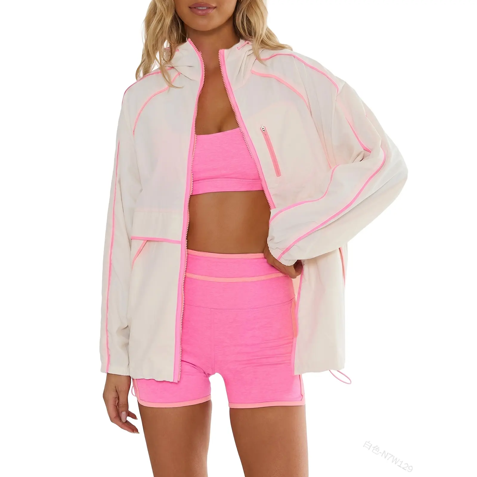Fisoew Women's White Piping Color Block Windbreaker Jacket, Full Zip Hooded Oversized Long Sleeve Drawstring Hem Lightweight Athletic Track Jacket With Pockets