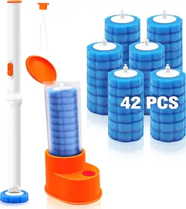 Disposable Toilet Brush with Tweezers, Toilet Bowl Wand Holder Set with 42 Cleaner Refills, Bathroom Cleaning System for Sink Bathtub Wash Basin (White Orange)