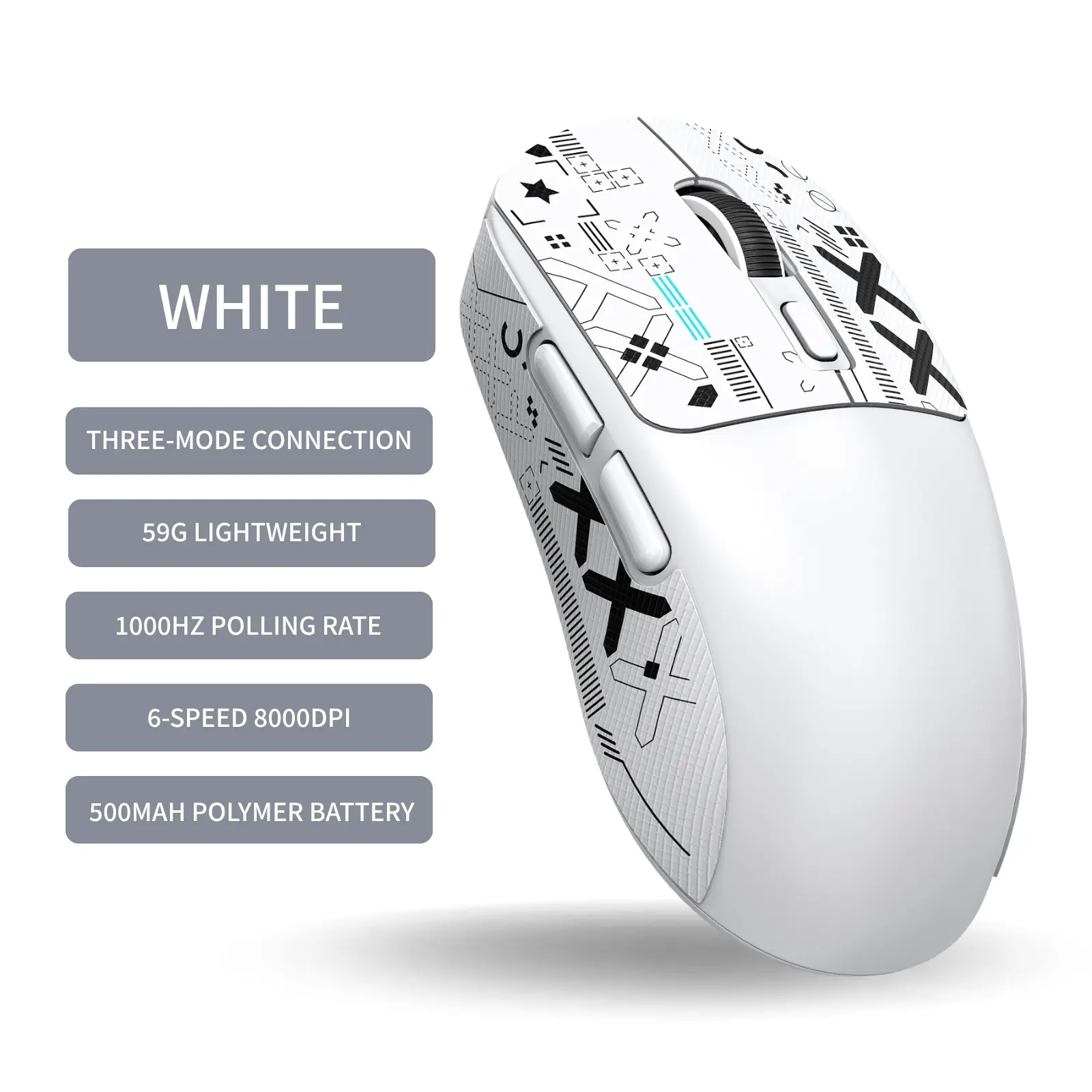 Wireless Gaming Mouse With Anti-Slip Stickers, Equipped with 3-Mode Wireless Function, 500Mah Battery, 1000 Hz Polling Rate, Lightweight Comfortable Grip, Macro, White