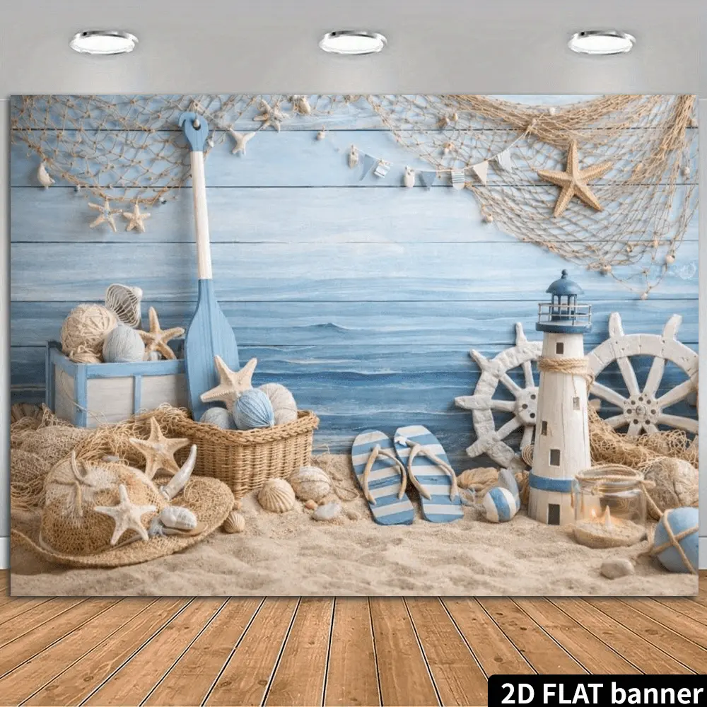 1PC,2D Flat Backdrop Nautical Themed Festival Decoration Backdrop, Summer Beach Lighthouse & Starfish Elements Background Curtain, Party Event Photo Backdrop, Seaside - style Scene Decoration Cloth