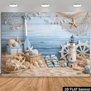 1PC,2D Flat Backdrop Nautical Themed Festival Decoration Backdrop, Summer Beach Lighthouse & Starfish Elements Background Curtain, Party Event Photo Backdrop, Seaside - style Scene Decoration Cloth