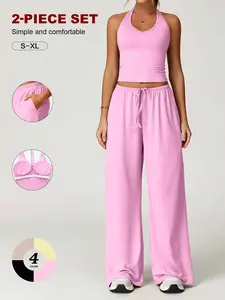 Women’s 2-Piece Activewear Set | Halter V-Neck Yoga Top with Built-In Bra & Loose Straight-Leg Workout Pants | Soft Stretch Performance Loungewear Set, 2 Piece Sets, Women's Gym Wear