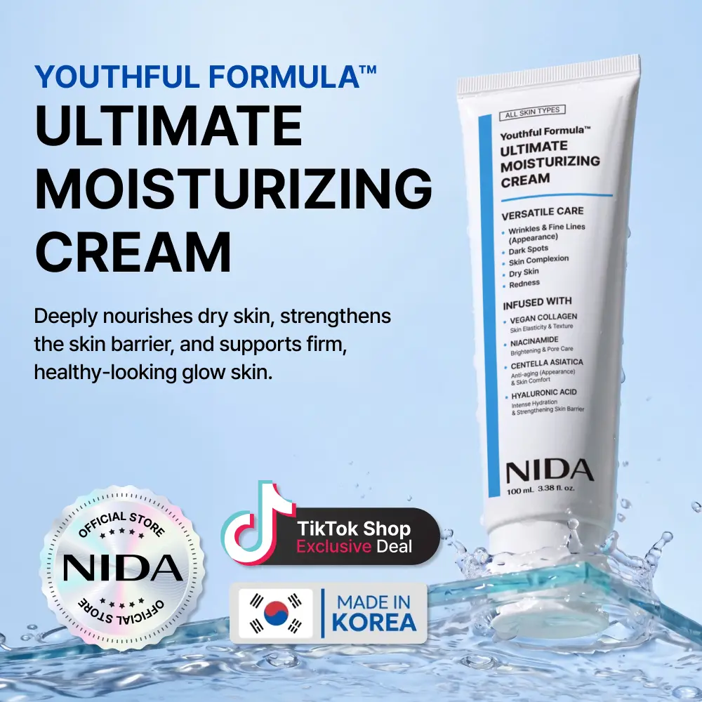 NIDA Youthful Formula Ultimate Moisturizing Cream (100mL) / Collagen, Niacinamide, Centella Asiatica, Hyaluronic Acid / Wrinkles, Dark Spots, Skincare Hydrating Daily Moisturizer Moisture Hydrate