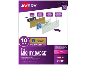 The Mighty Badge, 1x3 Gold, 10 Reusable Name Tags 80 Laser Inserts