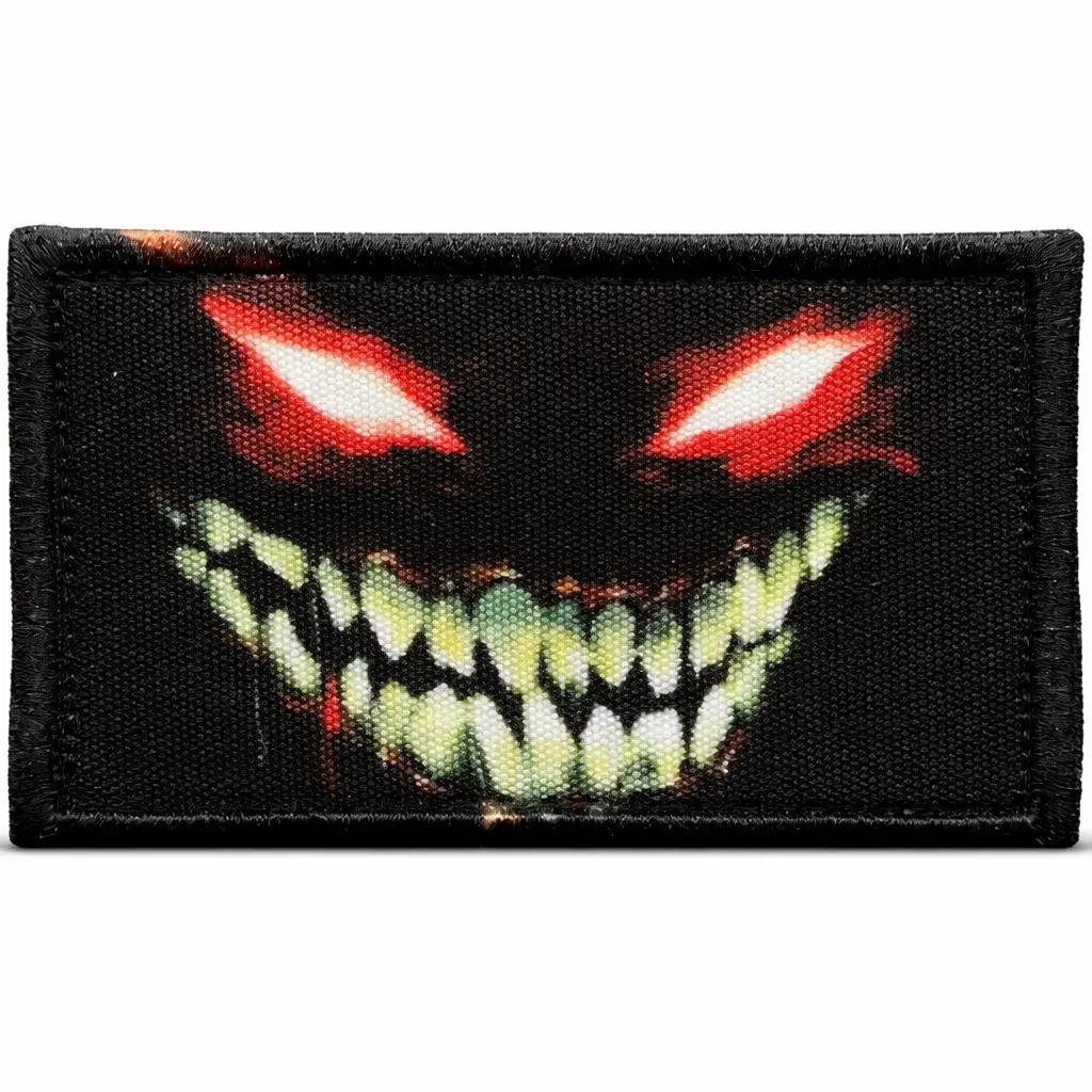 Scary Demon Face Tactical Velcro Morale Patches - Fluorescence Embroidery, Glowing Eyes, Edgy Design, Sew-On Fabric Craft Accessory for Outdoor Activities