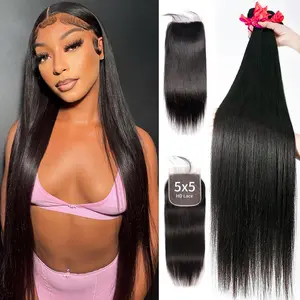VIPbeauty 10A Straight Bundles with Closure(5*5 Free Part) Human Hair Bundles with Closure 100% Unprocessed Brazilian Virgin Human Hair Weave 3 Bundles with Closure HD Lace