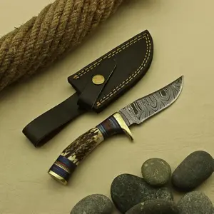 8''inch Damascus Steel Hunting knife with Stag Horn Handle with leather sheath