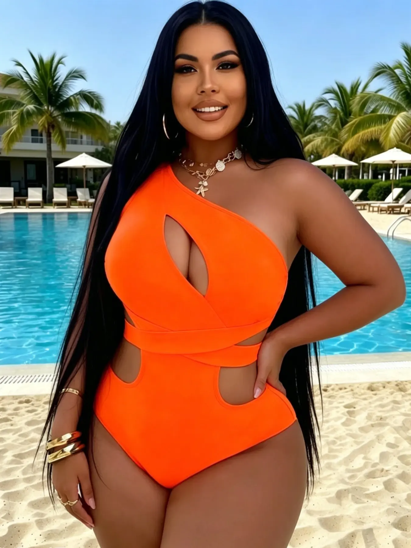New European and American Style Women's Plus Size Solid Color Cutout Cross Back Tie Design Sexy Slim Fit One-Piece Plunge Cutout Swimsuit for Beach Pool Vacation Cutout Back Swimwear